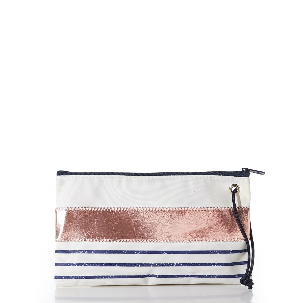 Rose Gold-on-Navy Mariner Stripe Large Wristlet Handmade in Maine from Recycled Sails
