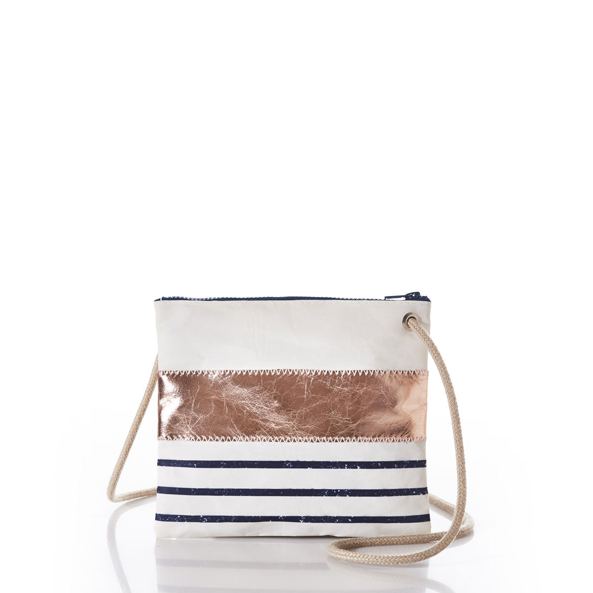Rose Gold-on-Navy Mariner Stripe Slim Crossbody Bag Handmade in Maine from Recycled Sails