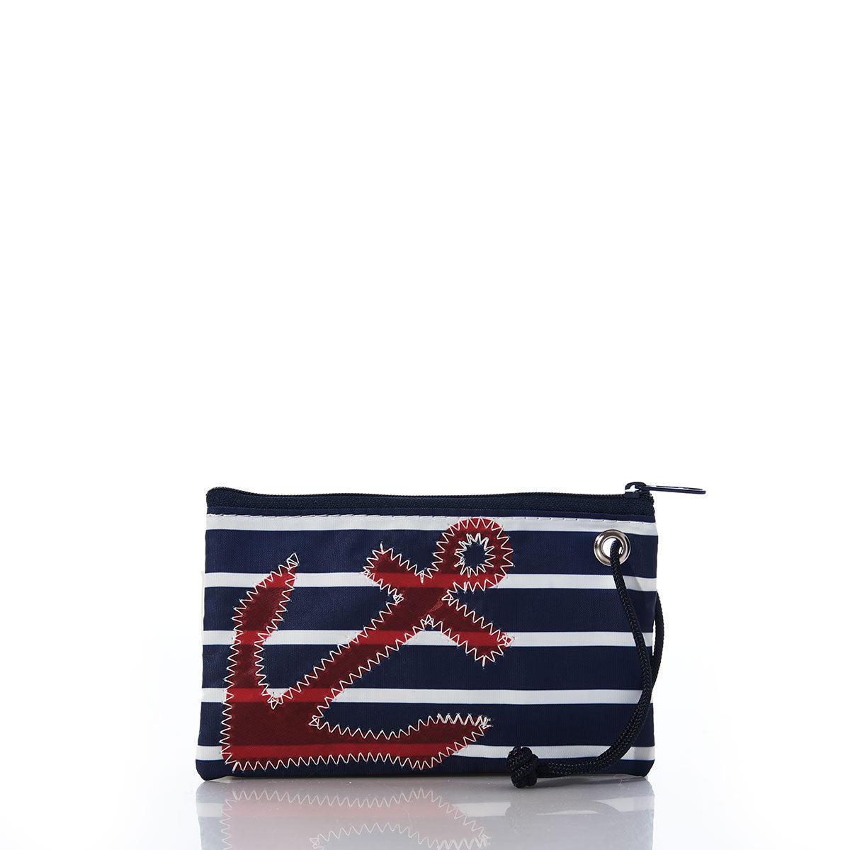 Red Anchor on Navy Stripes Wristlet Handmade in Maine from Recycled Sails