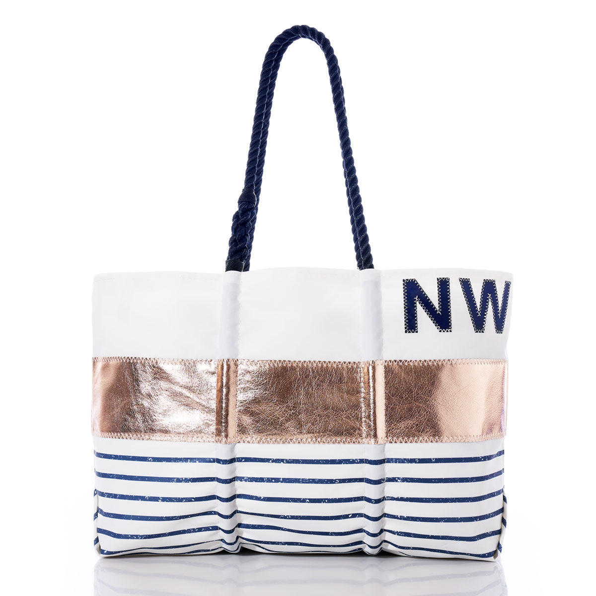 Custom Monogram Rose Gold-on-Navy Mariner Stripe Large Tote Handmade in Maine from Recycled Sails