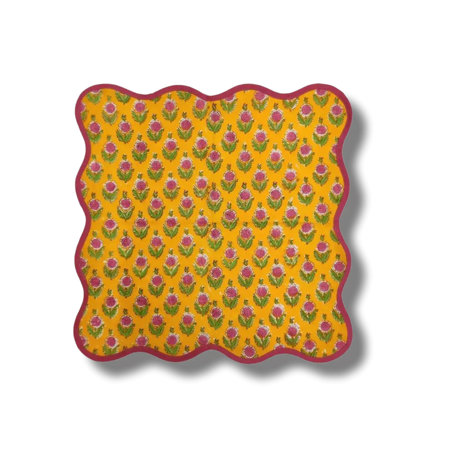 Scalloped Pink Flowers Yellow Block Printed Cotton Napkins