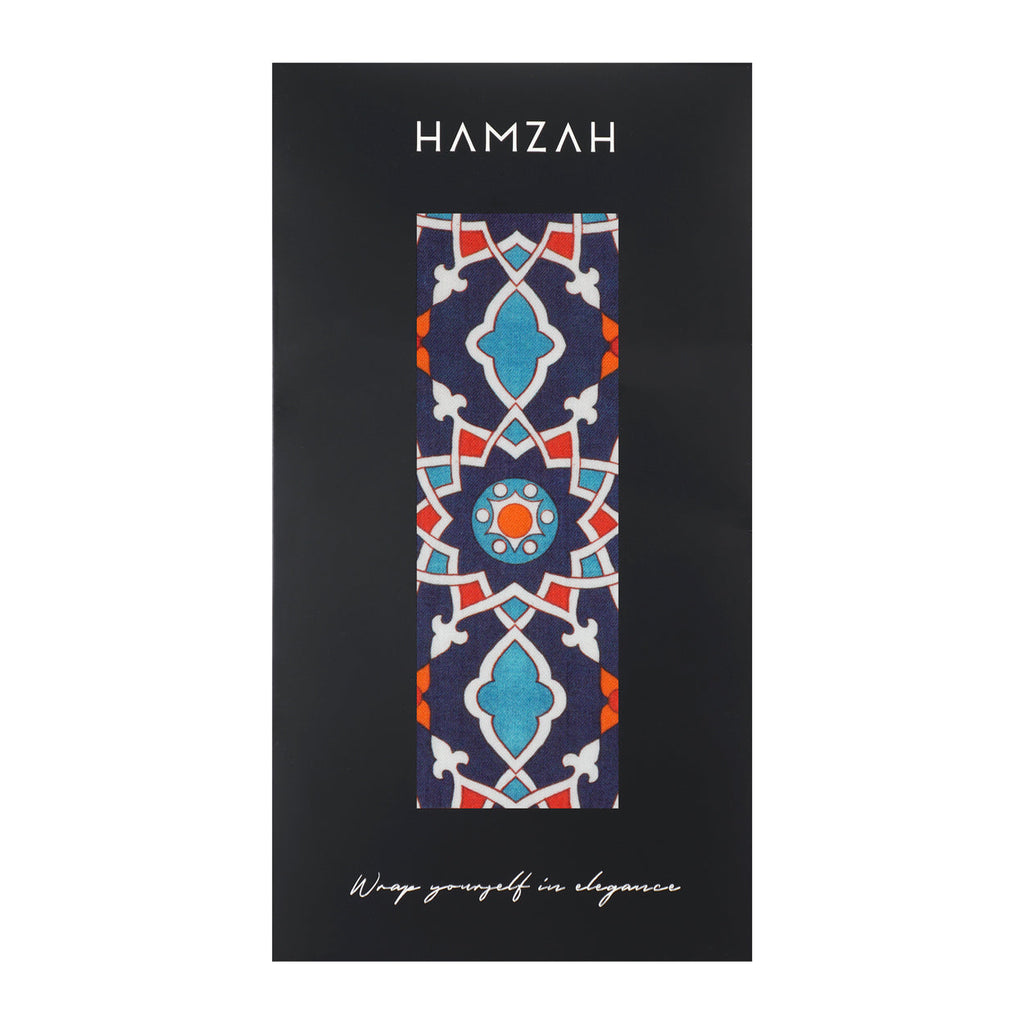 Elegant Islamic Art-Inspired Scarf – Navy Blue and Red Geometric Design - Farabi