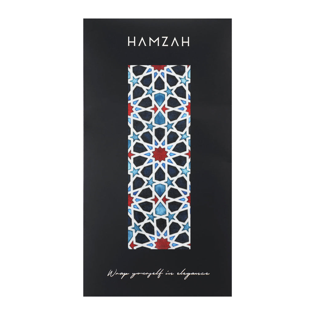 Islamic Art Inspired Scarf in Blue, Red, and Black