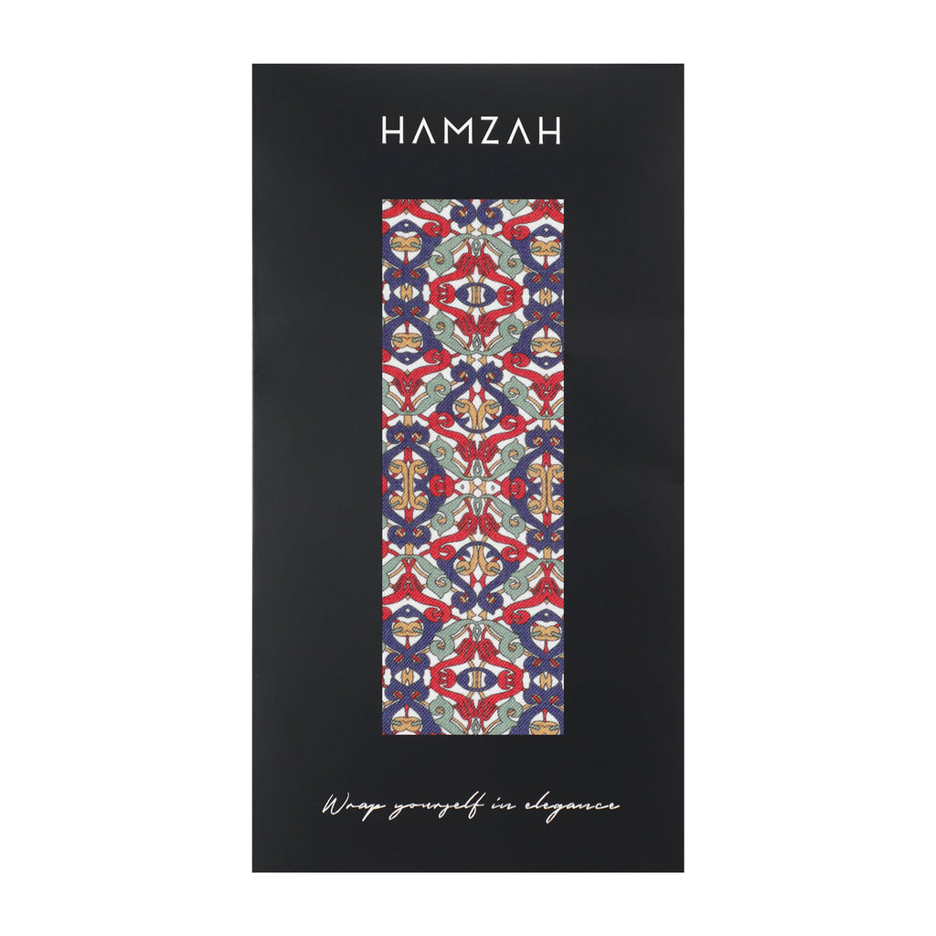 Burgundy and Blue Neck Scarf with Arabesque Motifs