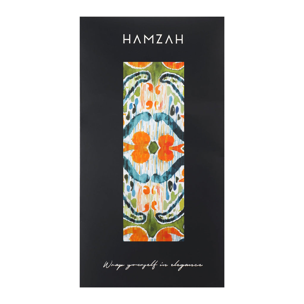 Green and Orange Silk Scarf with Ikat Print