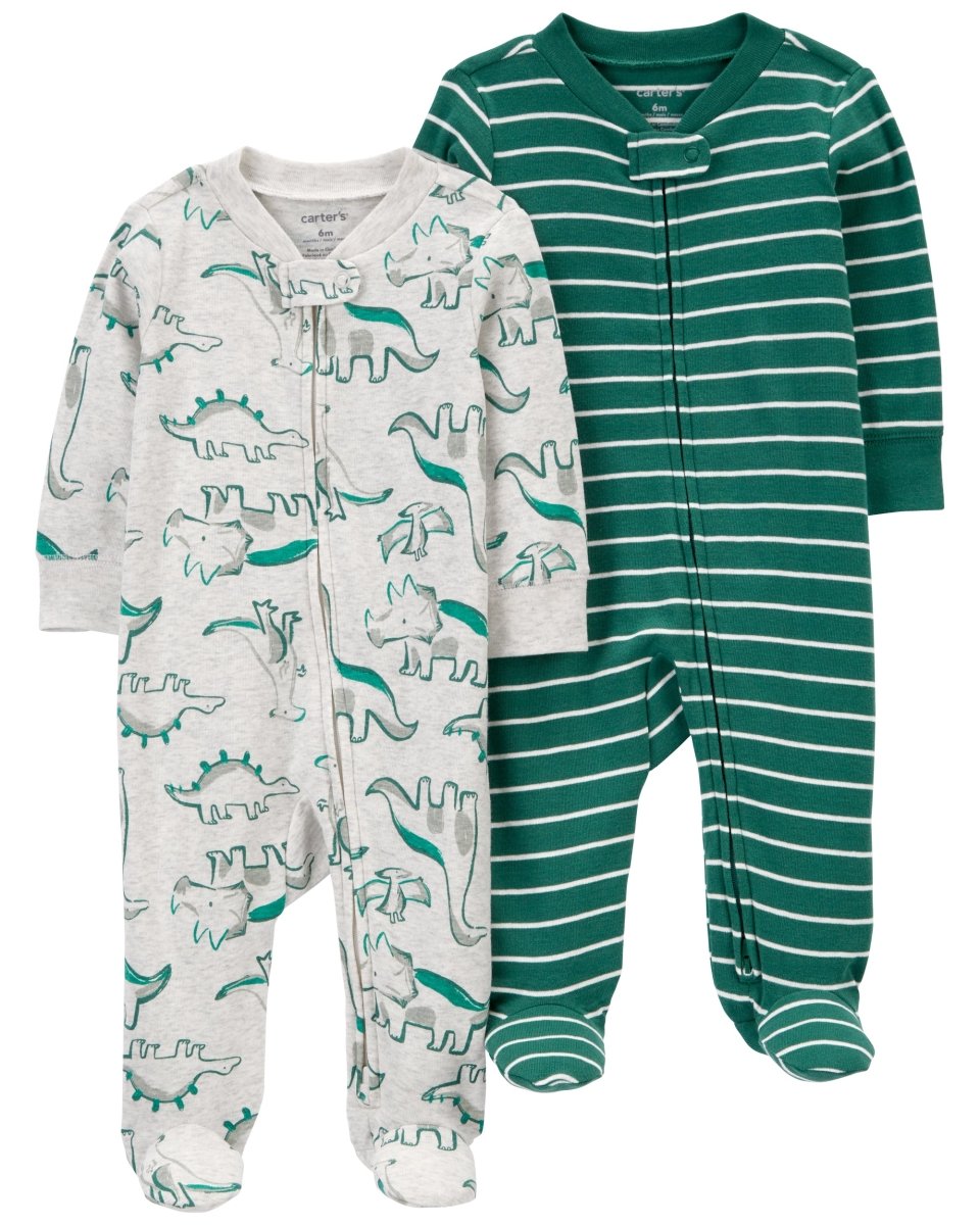 Set de 2 pijamas enterizos de algodón con pies, diseños de dinosaurios y rayas en verde
