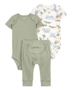 Conjunto tres piezas de algodón pantalón y dos bodies diseño caimán