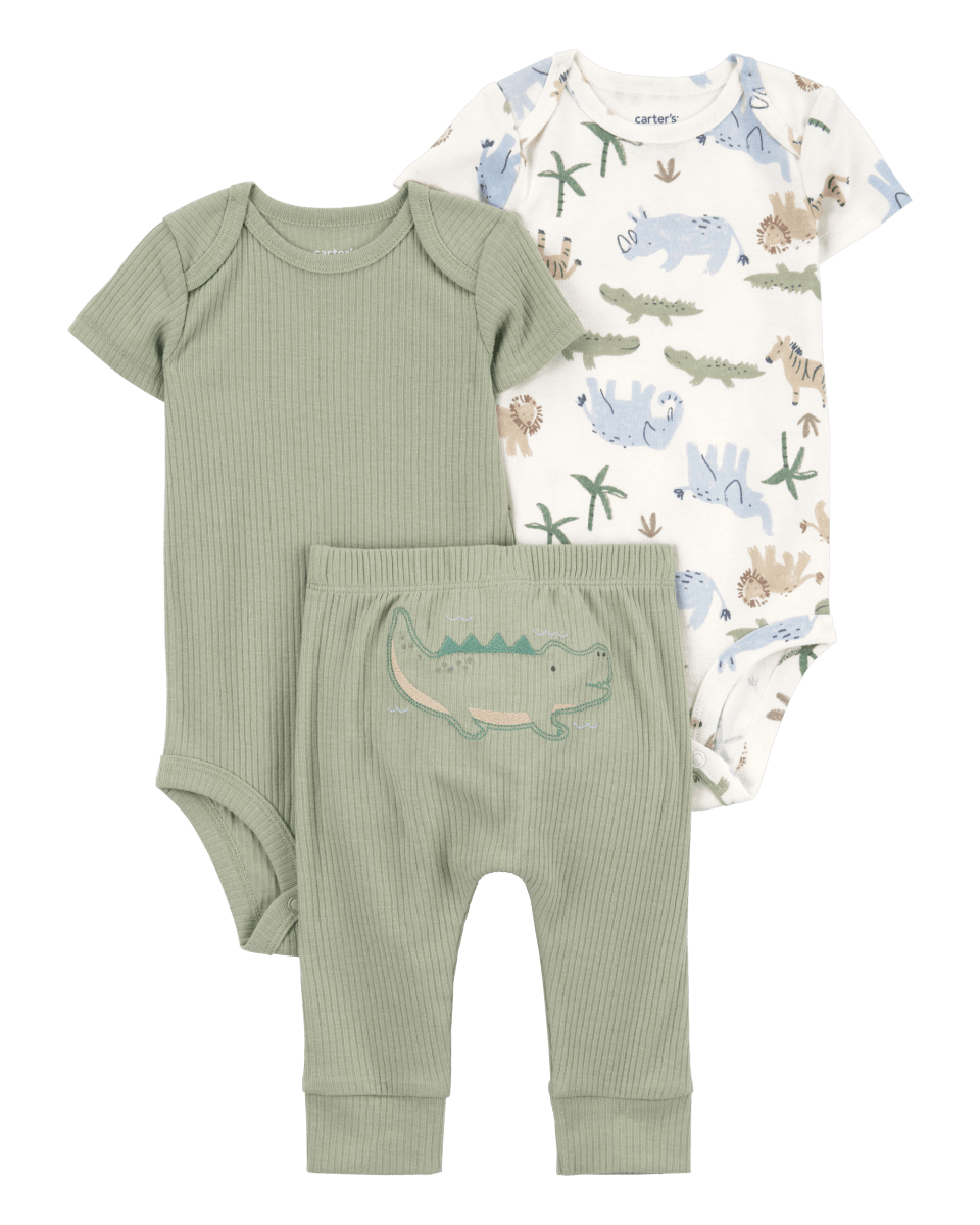 Conjunto tres piezas de algodón pantalón y dos bodies diseño caimán