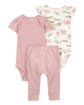 Conjunto tres piezas de algodón, pantalón y dos bodies, diseño elefantes