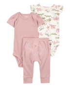 Conjunto tres piezas de algodón, pantalón y dos bodies, diseño elefantes
