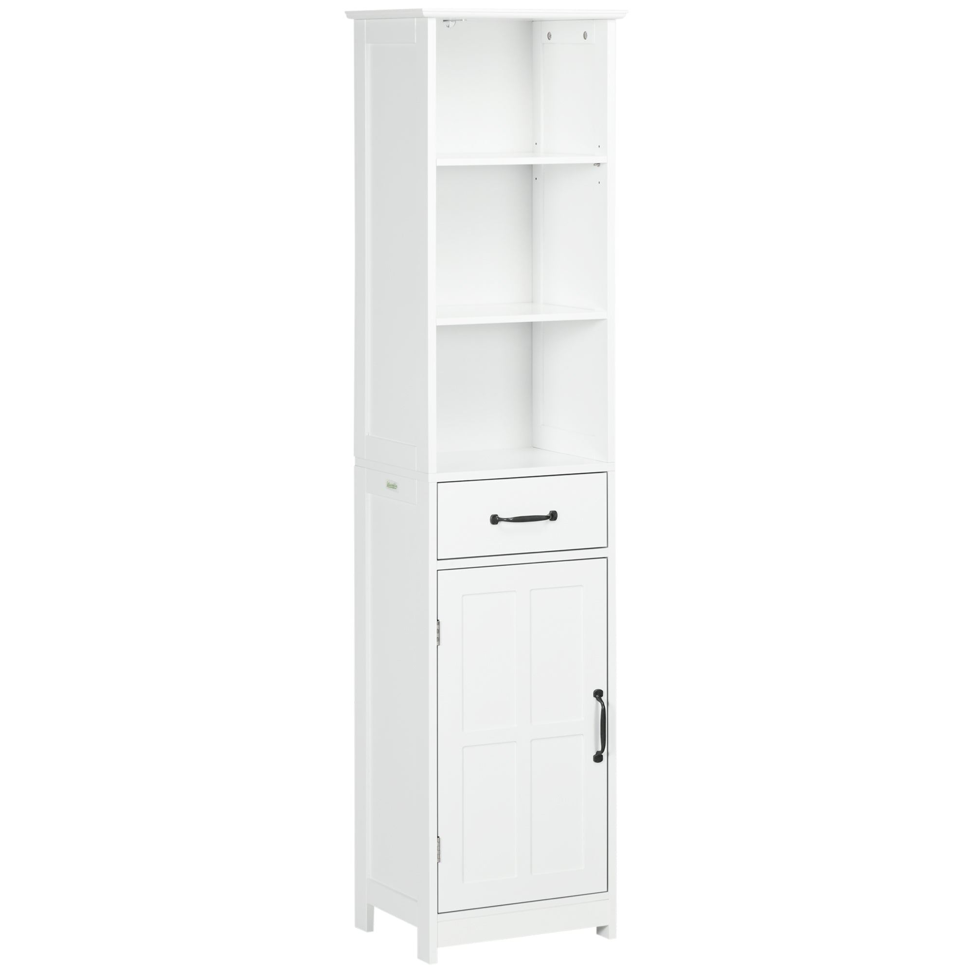 65" Tall Bath Linen Cabinet w/ 3 Open Shelves, Recessed Door & Adjustable Shelf, White