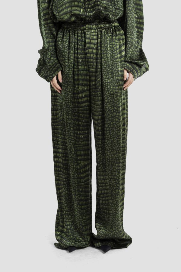 Balenciaga Crocodile-Print Satin Trousers — Green