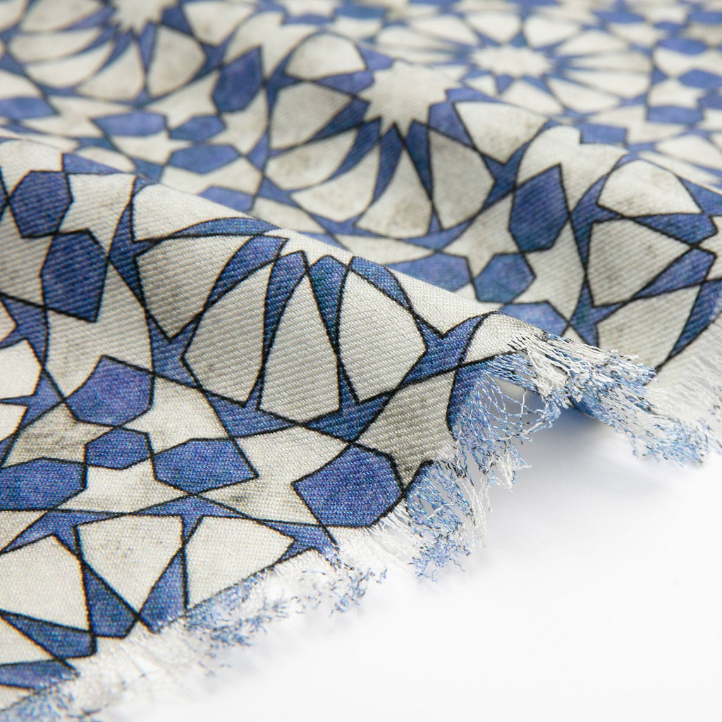 Silk and Wool Scarf with Blue and Gray Print