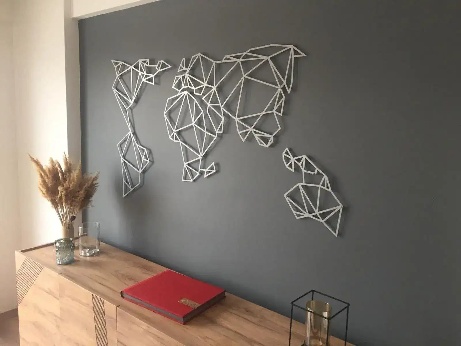 Silver Gray Geometric World Map Metal Art