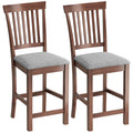 Set of 2 Counter Height Bar Stools with High Back and Rubberwood Legs, Gray & Dark Brown