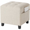 Square Ottoman with Side Pocket & Padded Linen-look Seat, Rubber Wood Legs, 35 x 35 x 35 cm, Beige