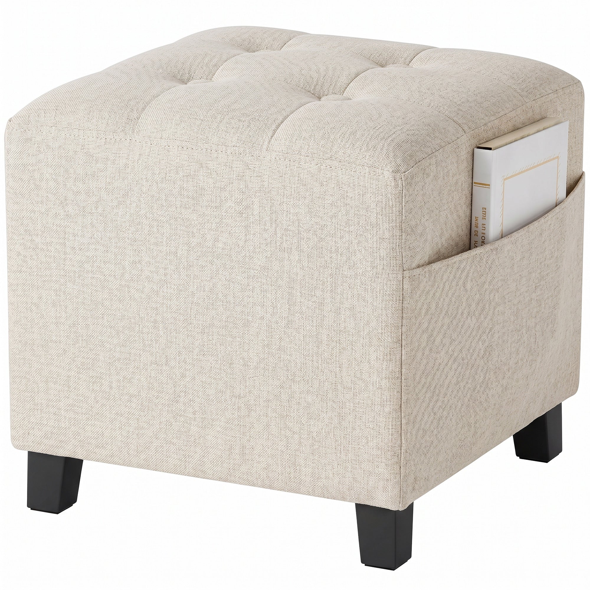 Square Ottoman with Side Pocket & Padded Linen-look Seat, Rubber Wood Legs, 35 x 35 x 35 cm, Beige