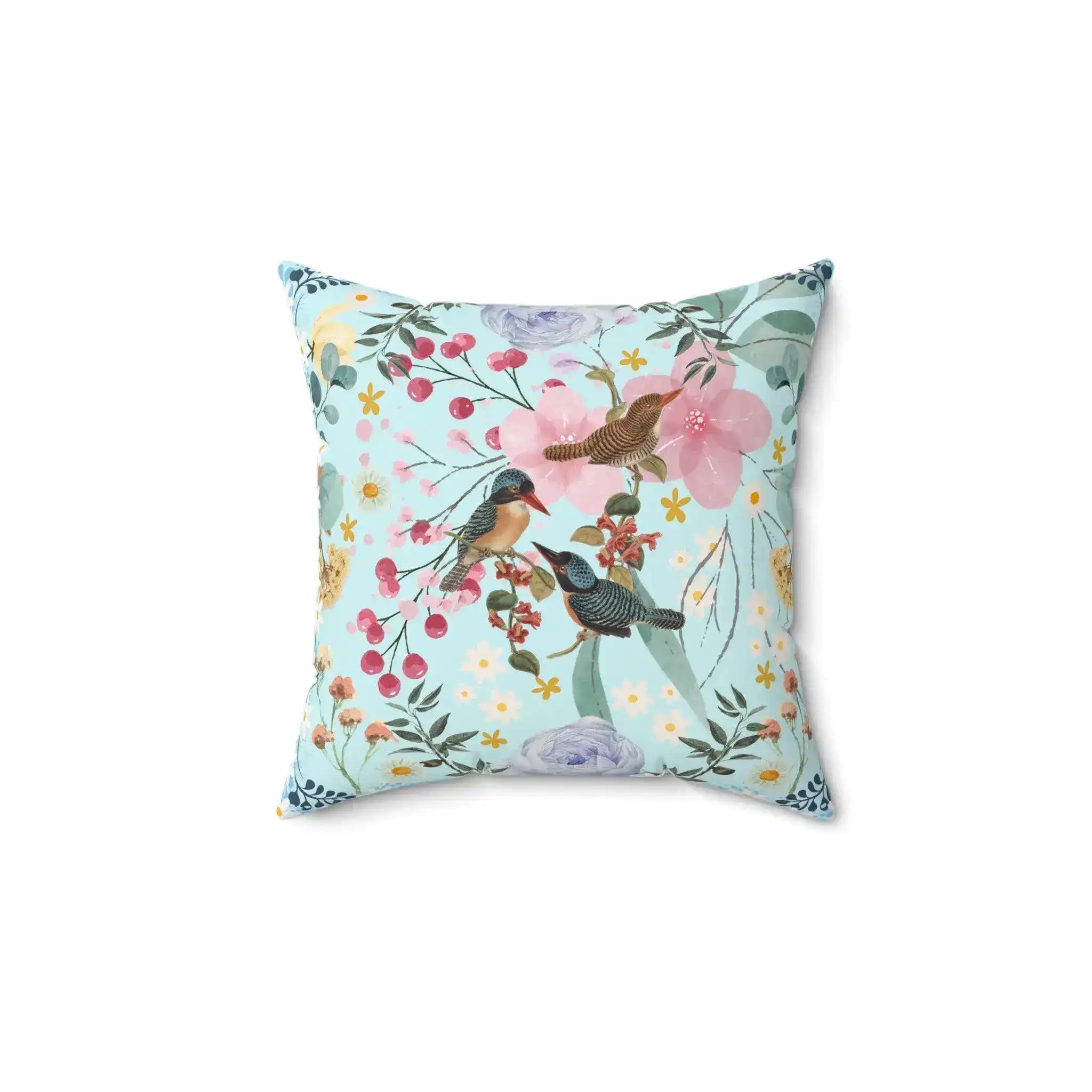 Sky Blue Chinoiserie Flower and Birds Throw Pillow
