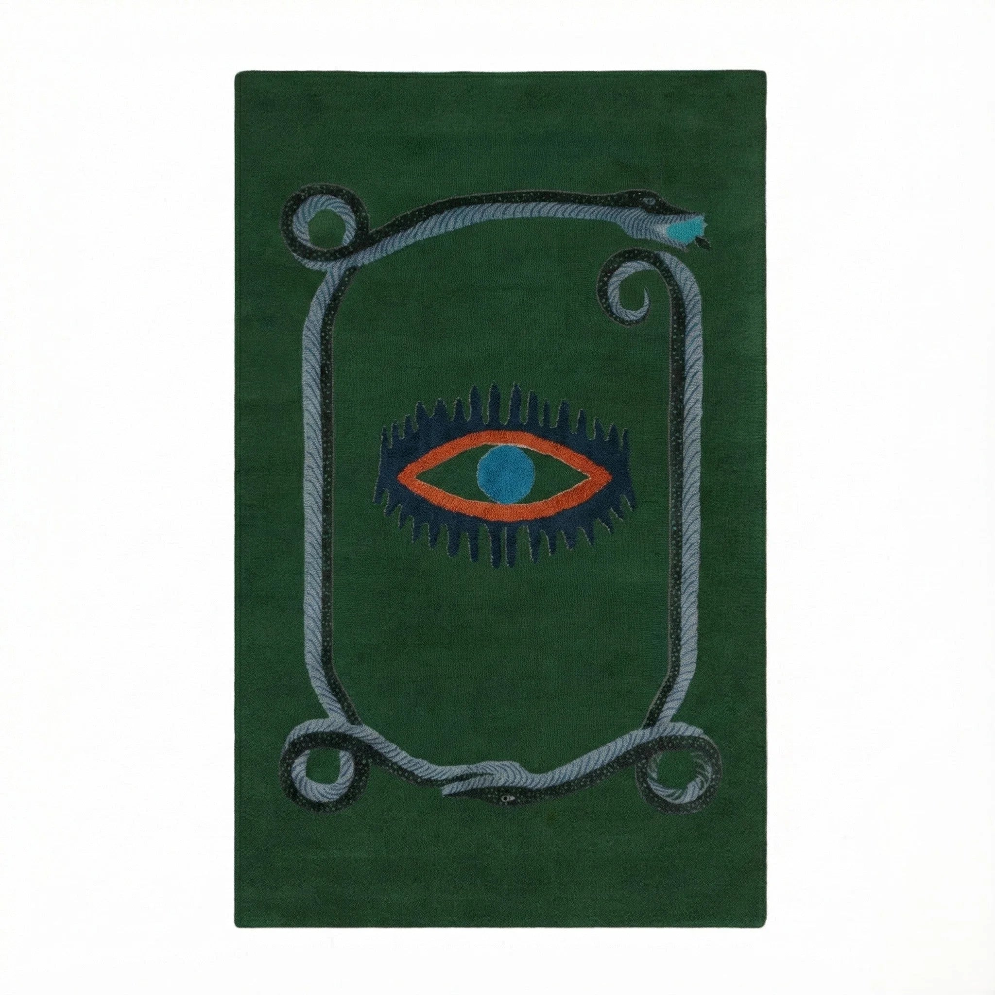 Snake and Red Evil Eyes Green Hand Tufted Wool Rug