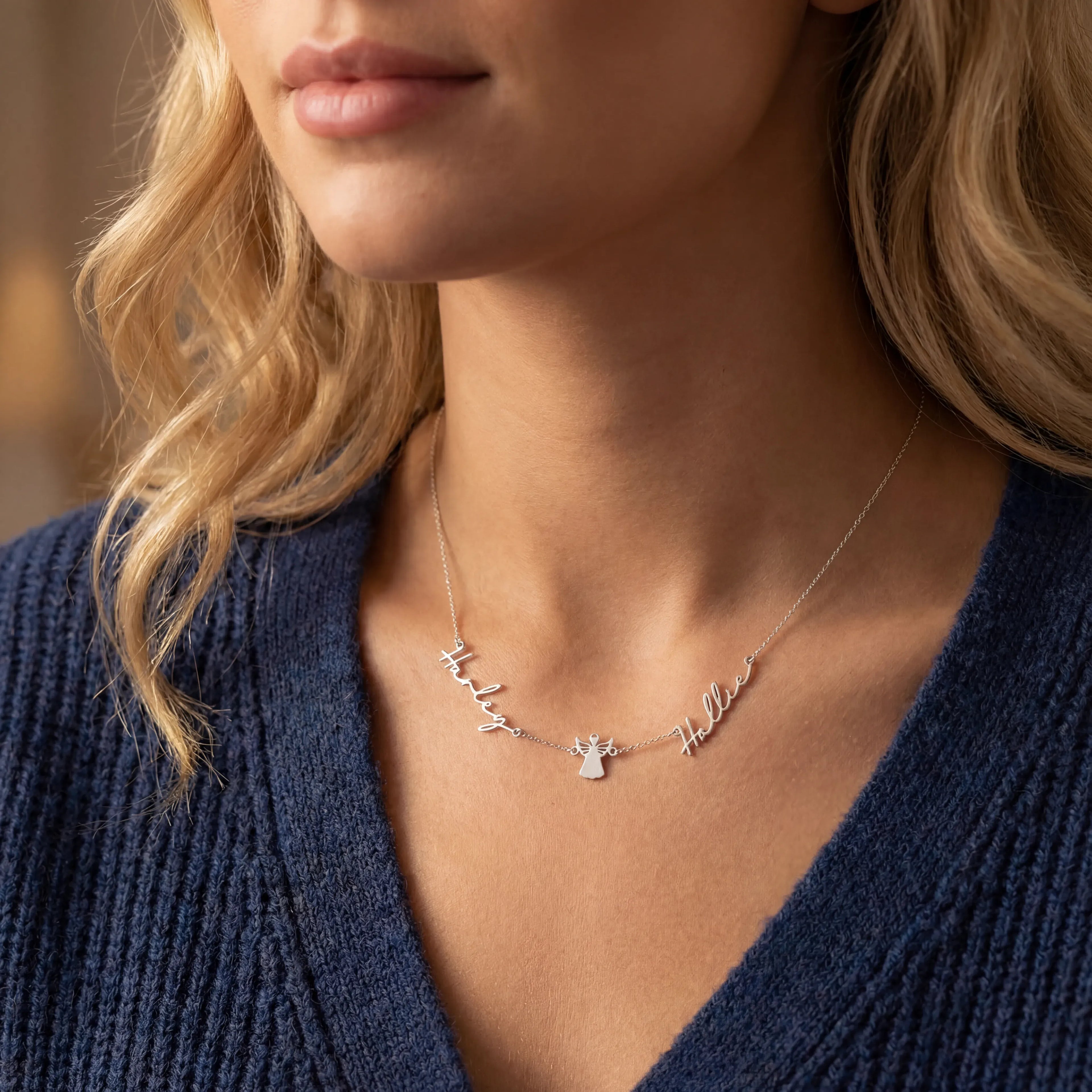 Double Name with Angel Necklace - Solid Silver / Style 1