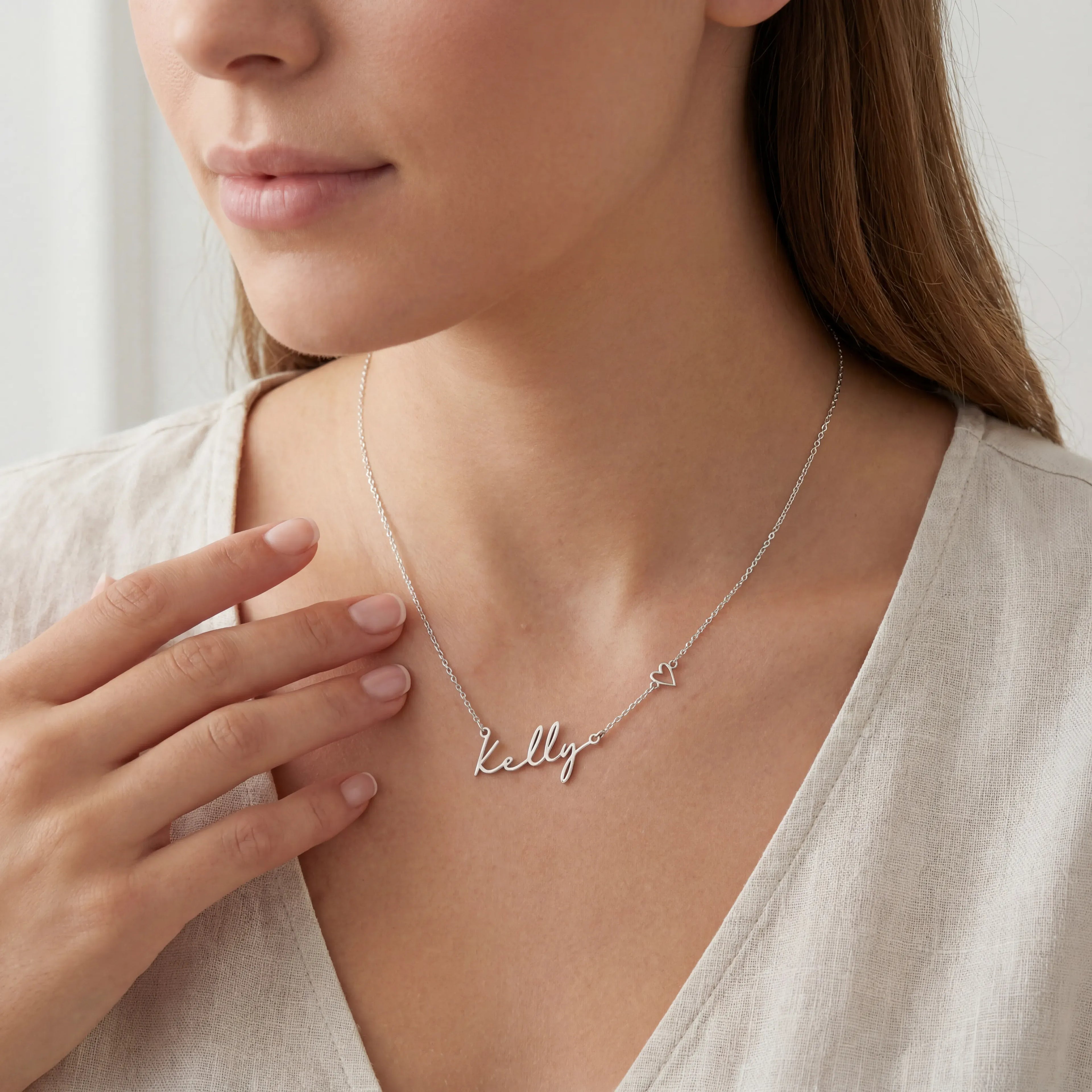 Personalised Name & Heart Necklace - Solid Silver / Style 2