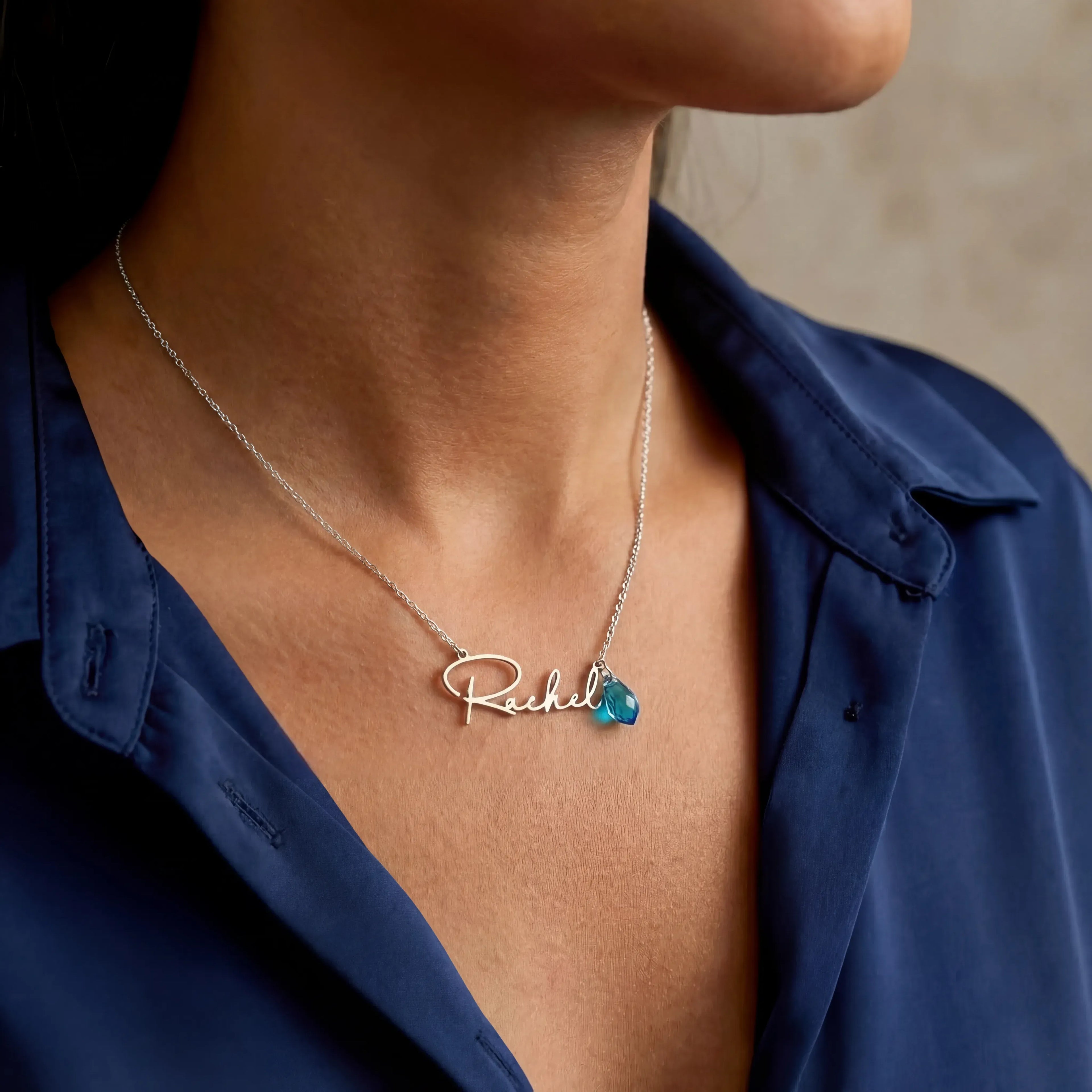 Birthstone Personalised Name Necklace - Solid Silver / Style 1