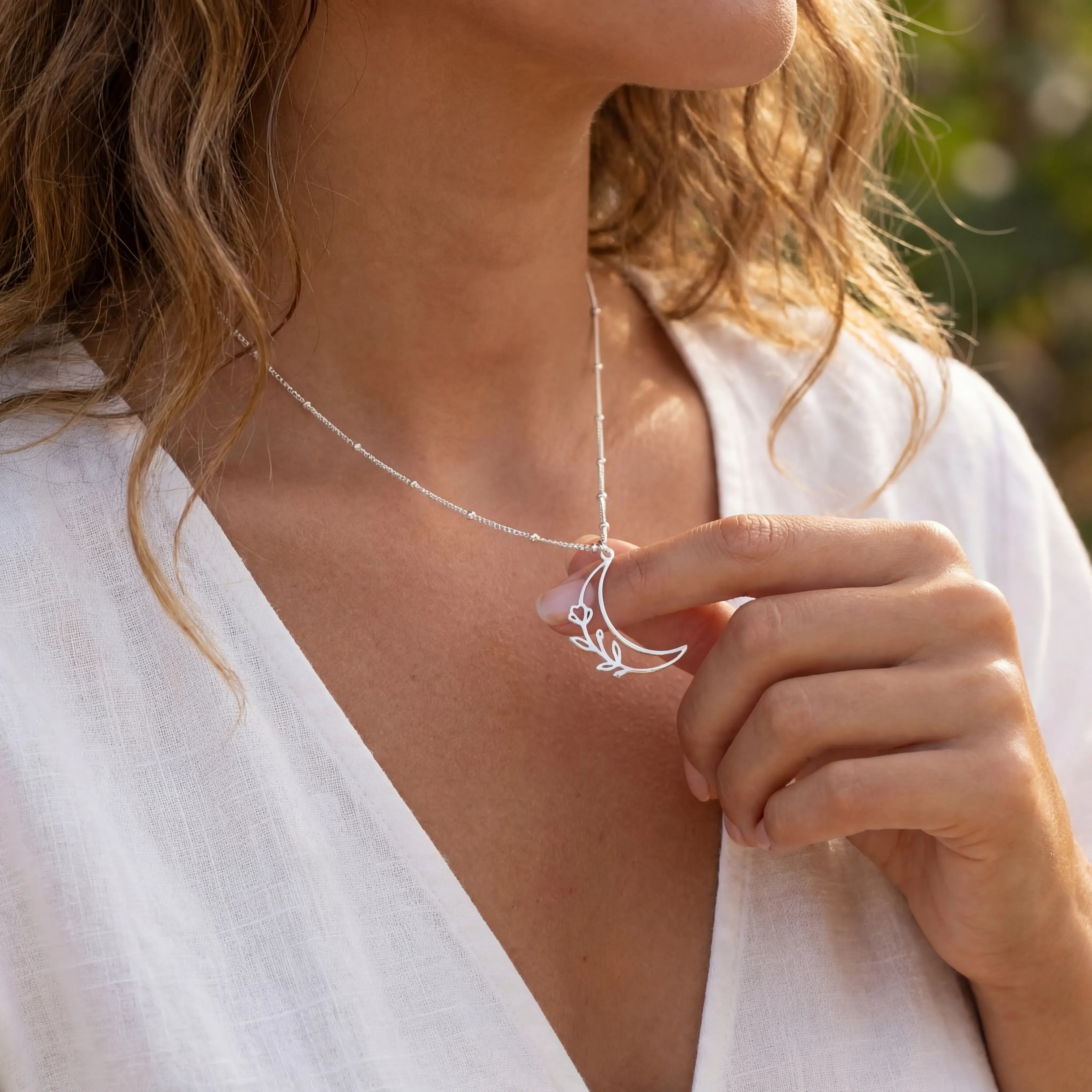 Half Moon & Flower Necklace - Solid Silver / Style 2