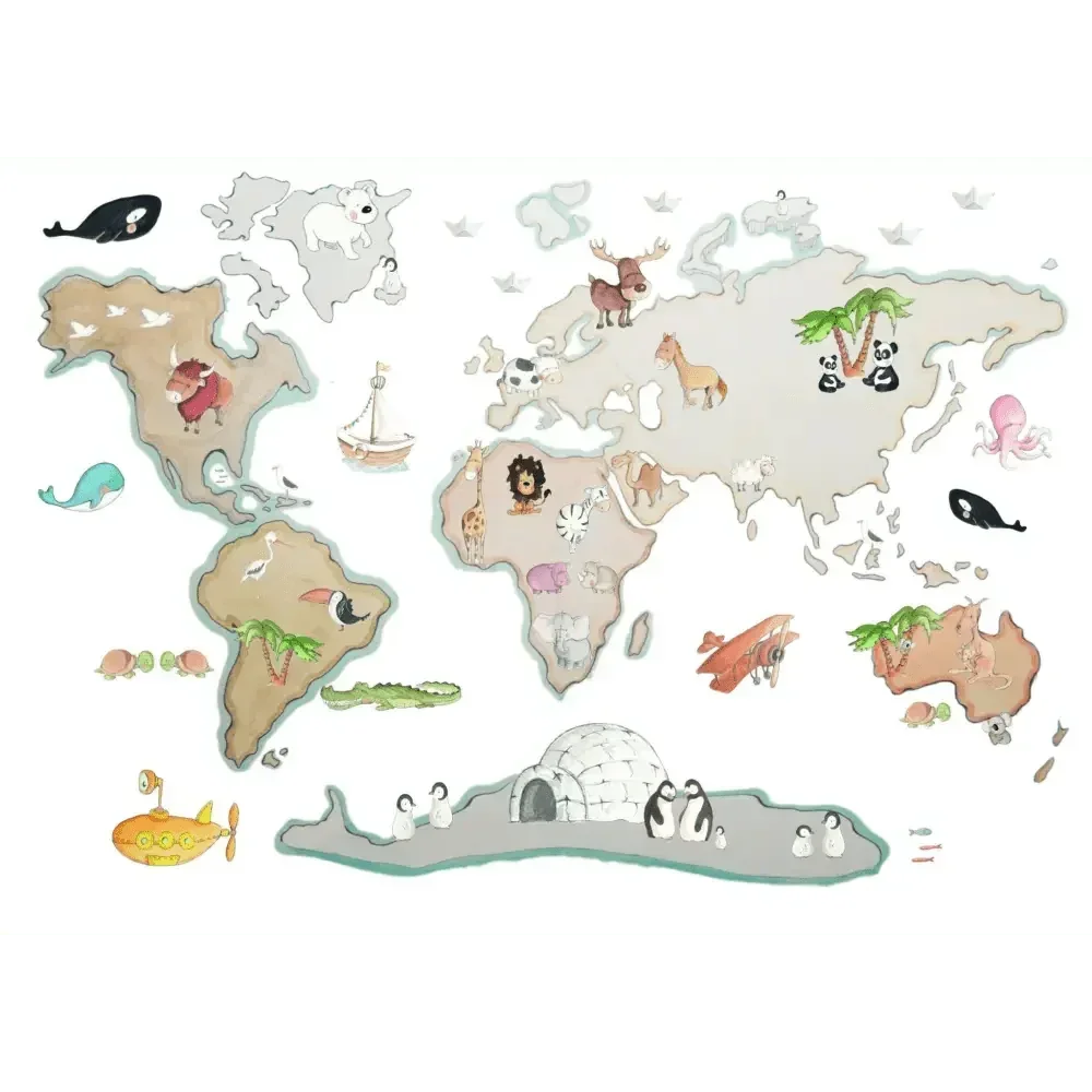 Vinilo Decorativo Infantil Mapamundi con Animales XL 220x120cm - SUEÑOS DE CIGUEÑA