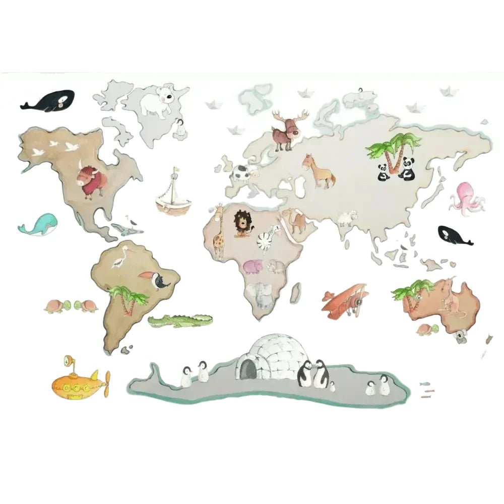 Vinilo Decorativo Infantil Mapamundi con Animales XL 220x120cm - SUEÑOS DE CIGÜEÑA
