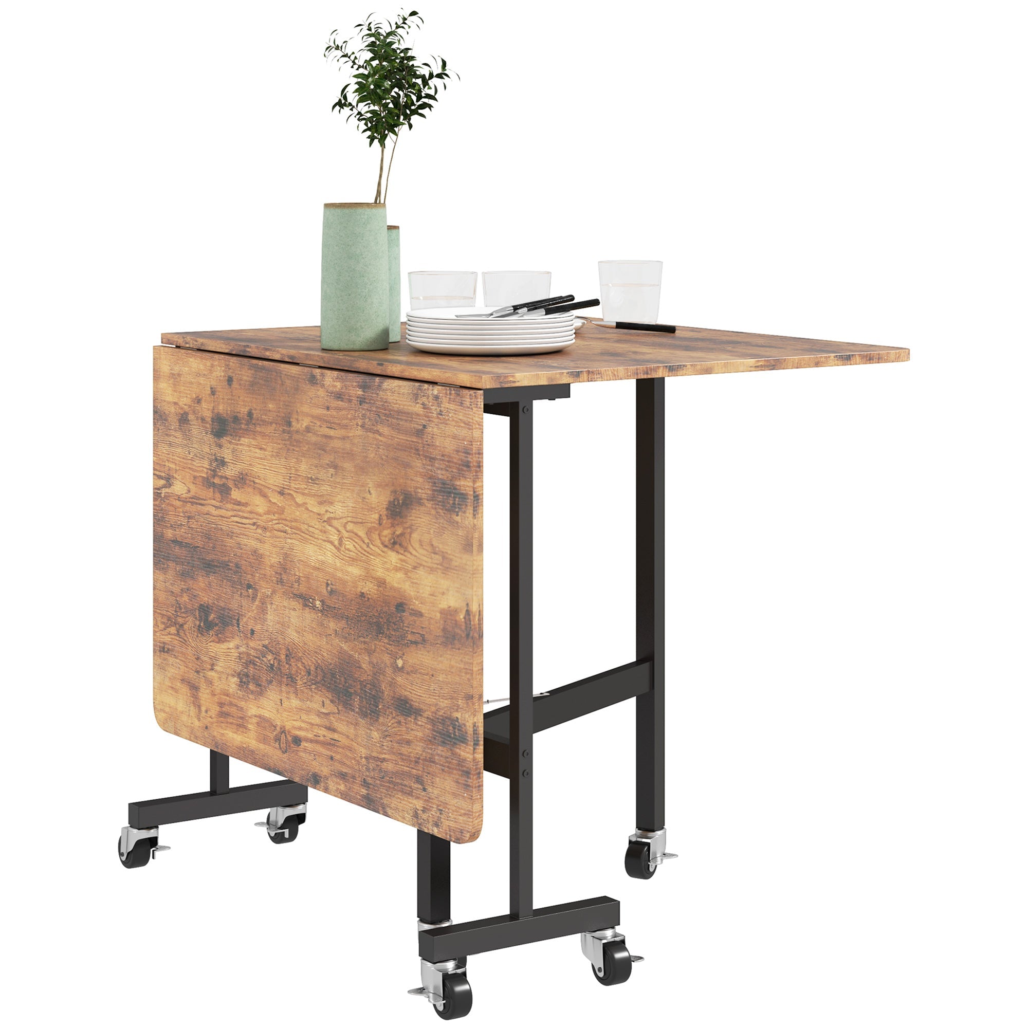 Mobile Drop Leaf Table, Folding Dining Table with 6 Wheels & Brakes, Rustic Brown