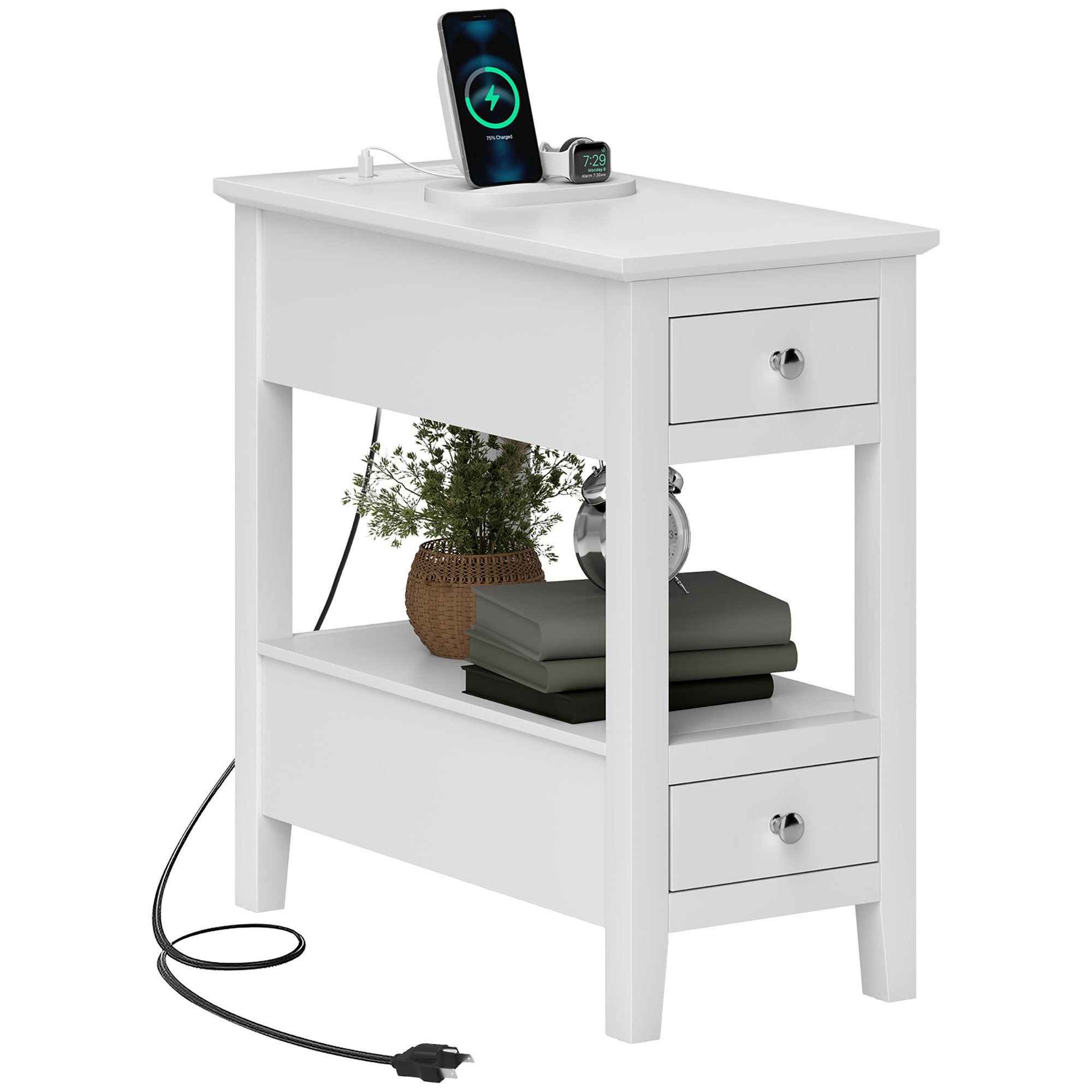 End Table with Charging Station USB Ports & 2 Drawers, White