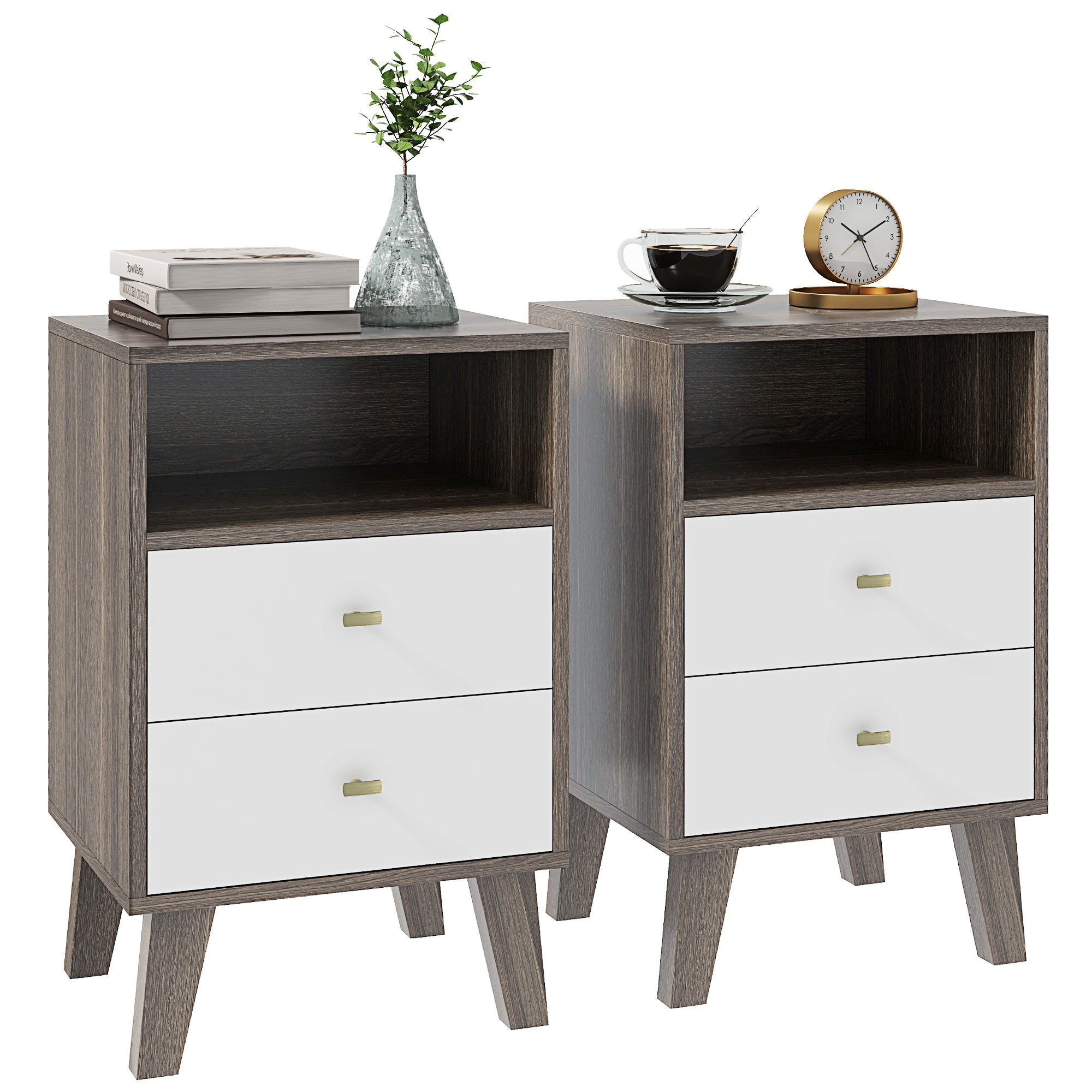 Nightstand Set of 2, Bedside Table with 2 Drawers and Open Storage, Modern End Table, Grey