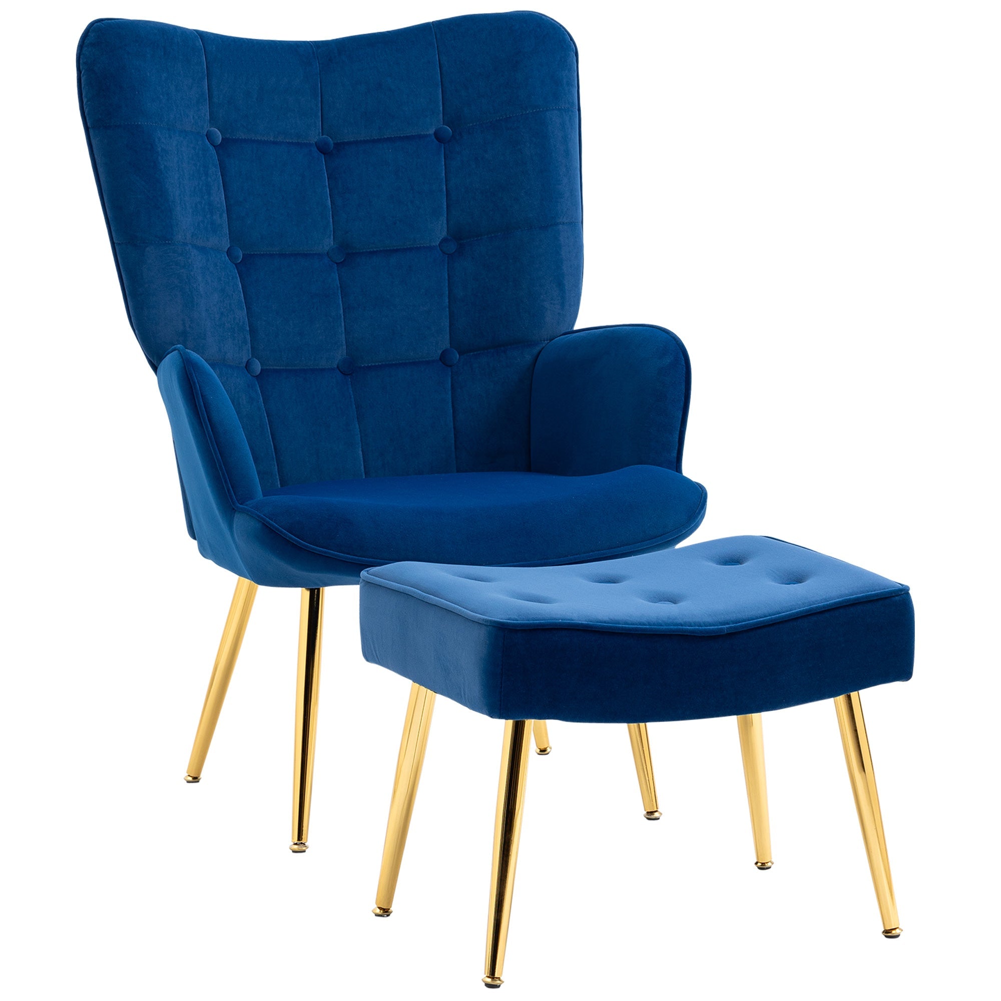 Modern Accent Chair with Ottoman & Gold Metal Legs, Dark Blue