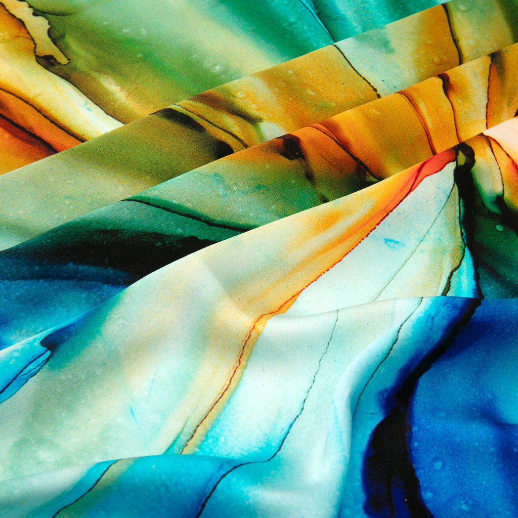 Blue and Orange Silk Scarf Square with Fluid Art Print