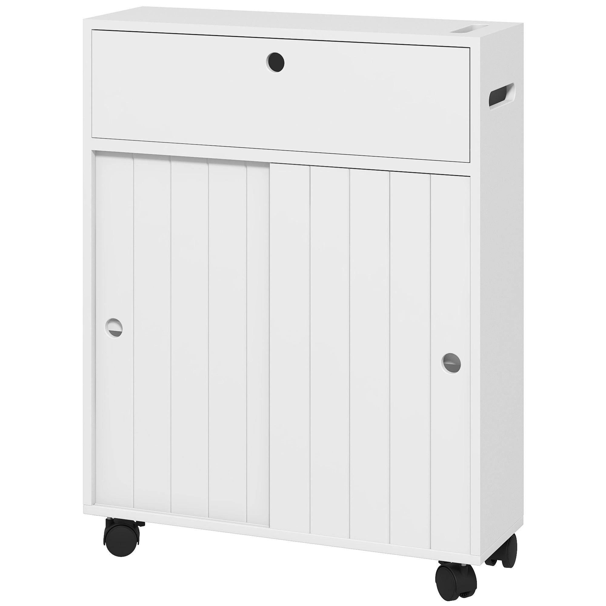 Slim Rolling Bathroom Cabinet with 4 Wheels and Paper Holder, White