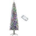9ft Pre-Lit Pencil Xmas Tree w/ 310 LEDs & Adjustable Brightness, Flocked Xmas Tree, Green