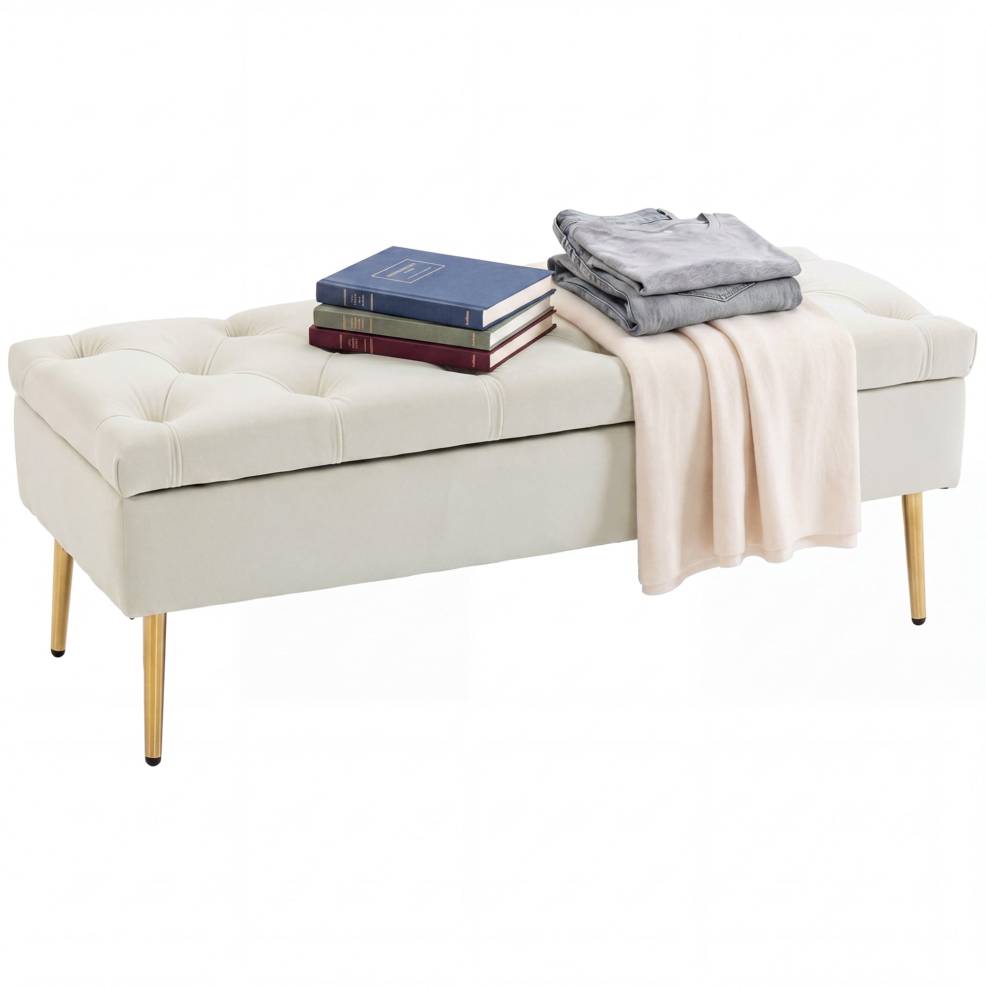 Velvet Button-Tufted Storage Bench with Thick Padding and Gold Tone Legs, Beige