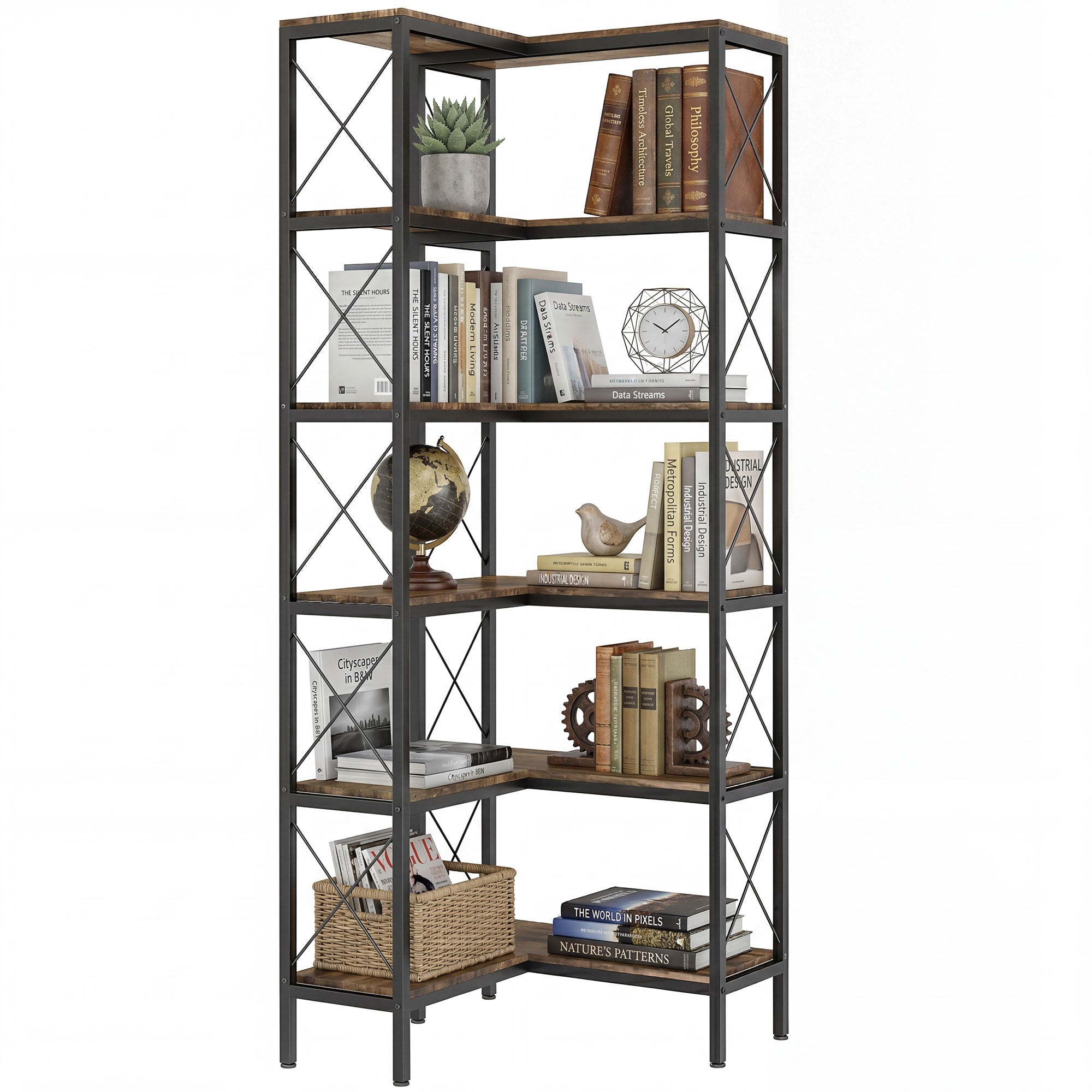 5-Tier L-Shaped Corner Bookshelf with Metal Frame for Living Room, Rustic Brown