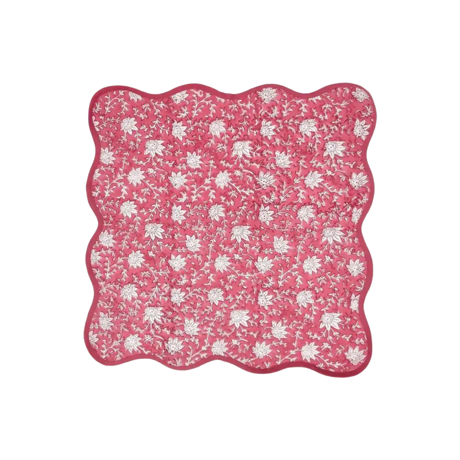Traditional Pink Floral Block Printed Scalloped Cotton Napkins