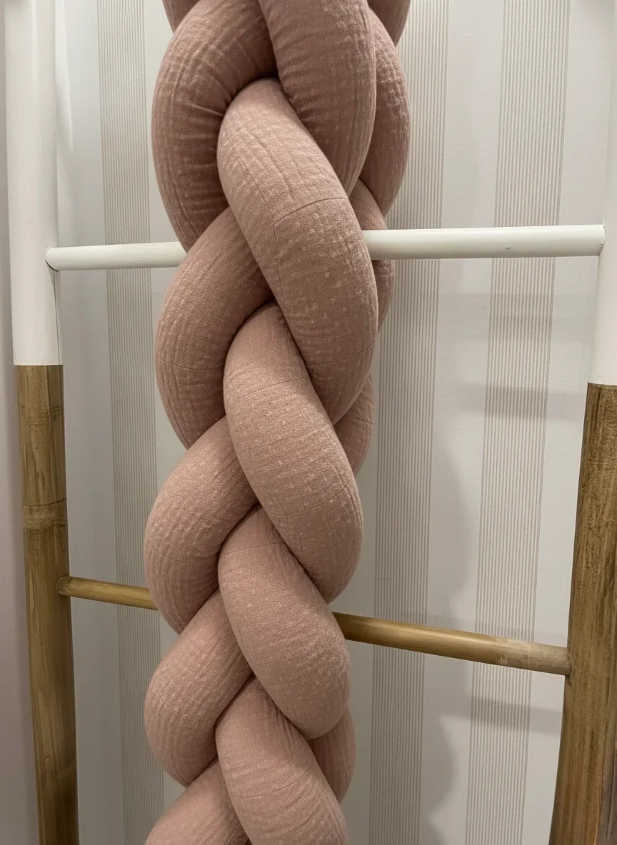 Braided bumper for cot and bed handcrafted PINK MUSLIN 200cm