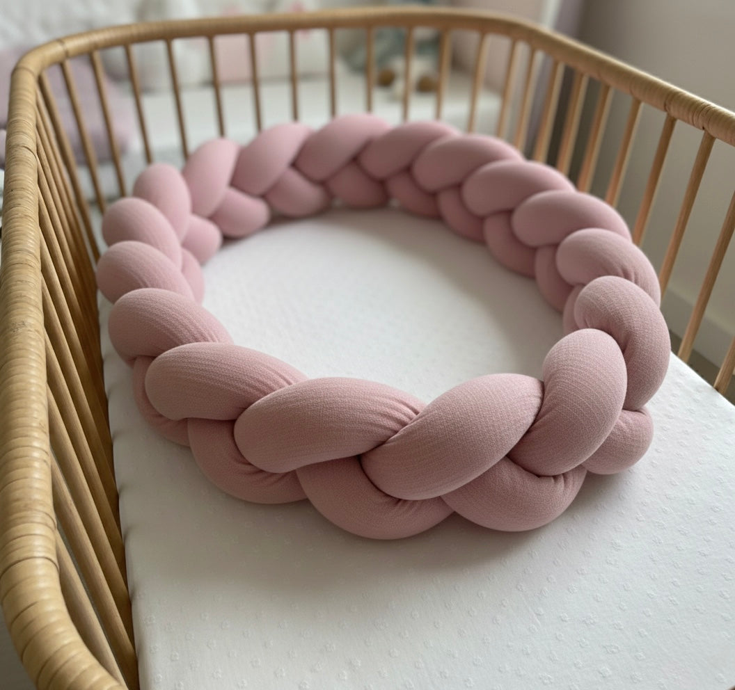 Trenza protectora para cuna y cama artesanal MUSELINA ROSA 200cm