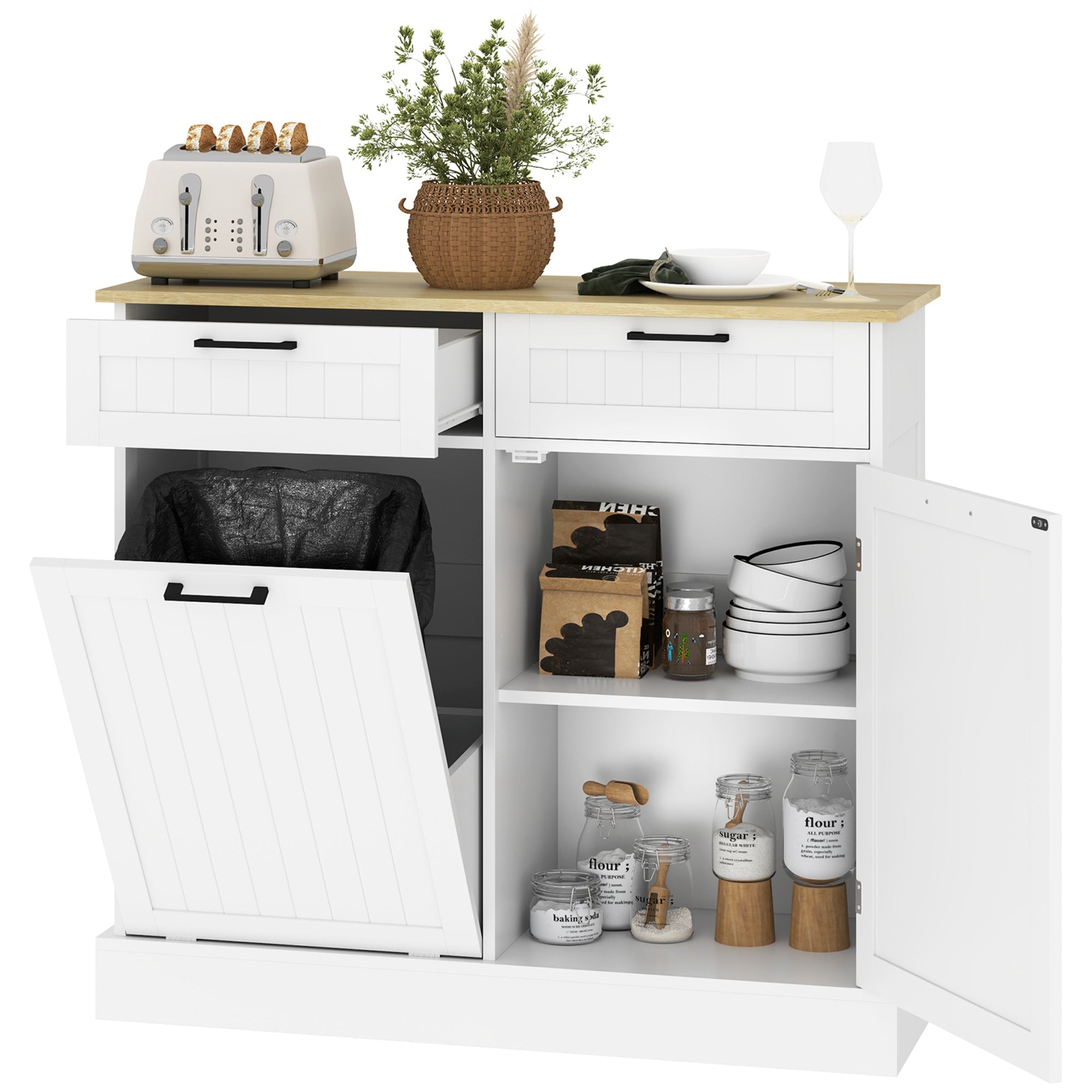 10 Gallon Tilt-Out Trash Cabinet with 2 Drawers Hidden Bin Kitchen Hallway White