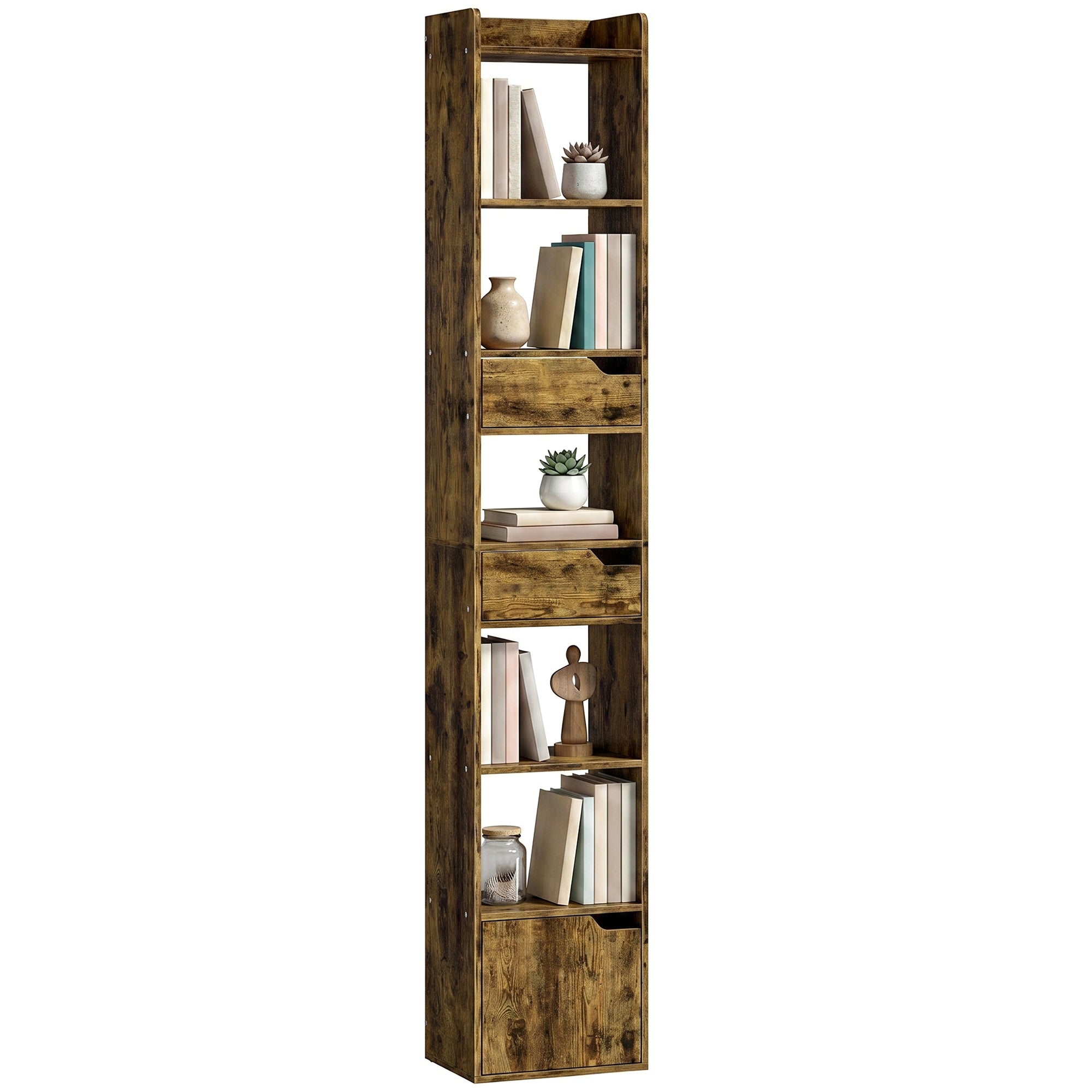 5-Tier Narrow Bookshelf with Drawers and Cabinet, Anti-Tip Rustic Brown