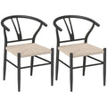 Set of 2 Mid-Century Metal Dining Chairs with Y-Shaped Back and Hemp Seat, Black