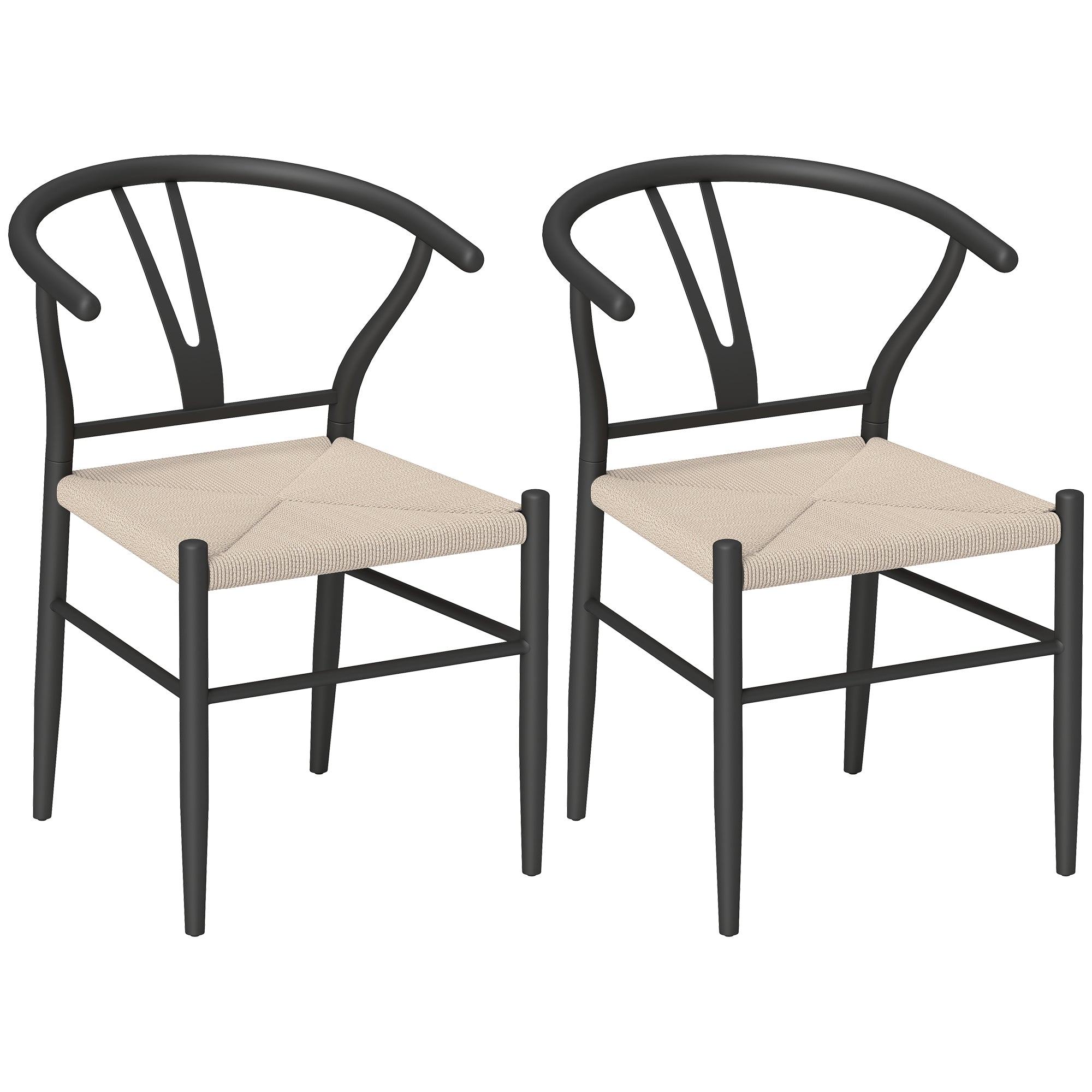 Set of 2 Mid-Century Metal Dining Chairs with Y-Shaped Back and Hemp Seat, Black