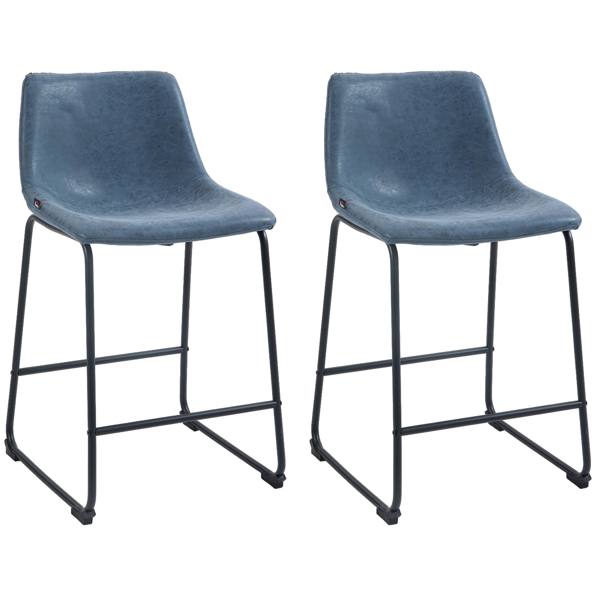Set of 2 Vintage PU Leather Bar Stools with Footrest for Kitchen, Dark Blue