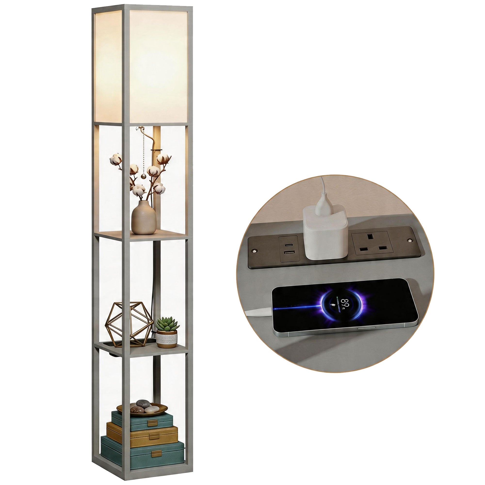 3-Tier Floor Lamp with Shelves & Storage, LED Reading Light, Grey