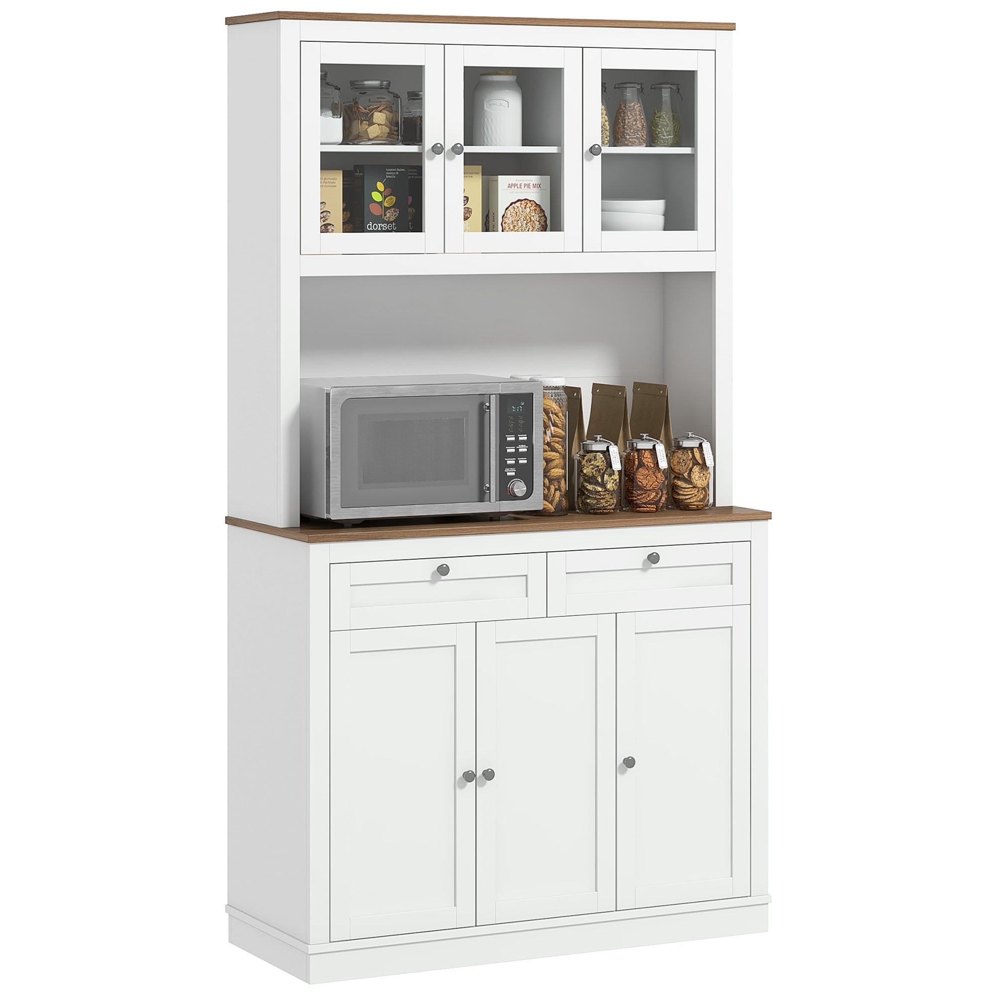 71" Kitchen Pantry Cabinet w/ Microwave Stand, 2 Drawers & 4 Cabinets, White