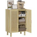 29" Boho Sideboard Buffet with Rattan Doors and Adjustable Shelves, Natural Wood