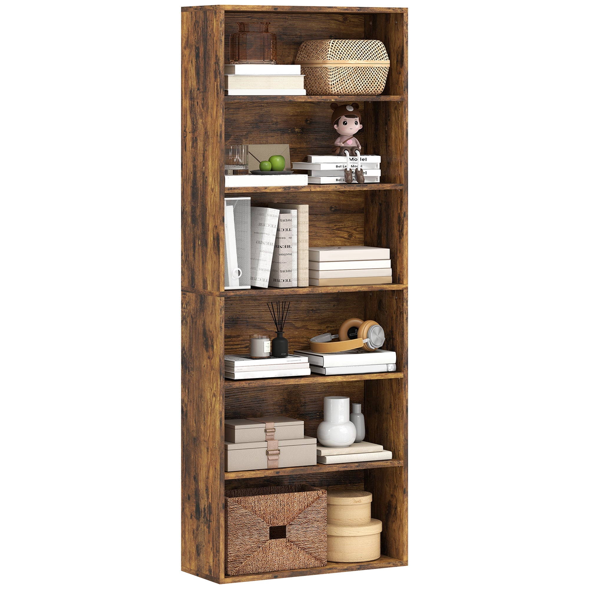 6-Shelf Adjustable Bookcase & Display Unit, Freestanding Bookcase for Living Room, Rustic Brown